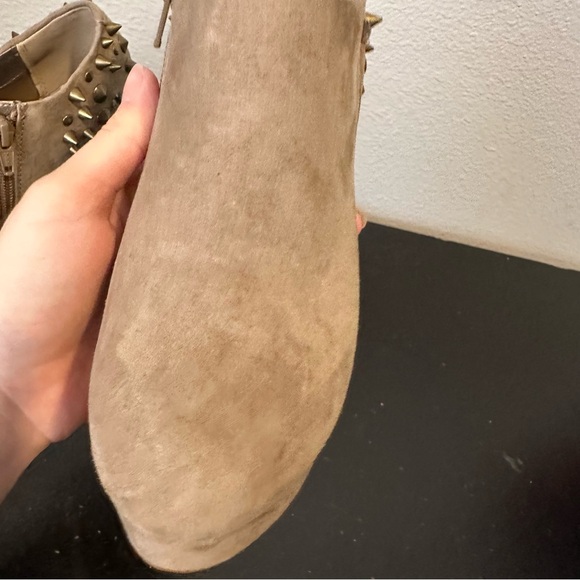 Aldo Brown Faux Suede Studded Rhinestone Heeled Ankle Boots - Picture 12 of 17